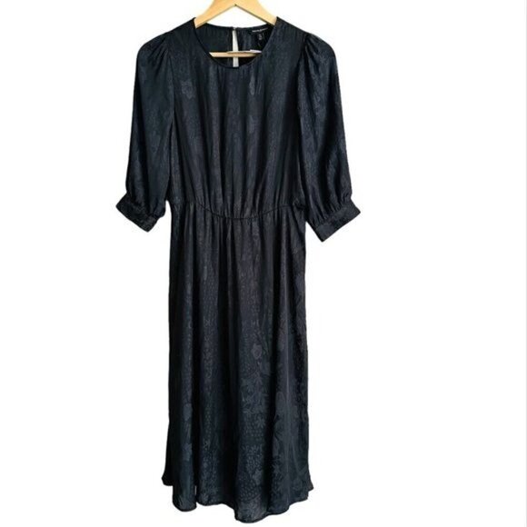 Banana Republic Factory Jacquard Midi Two-Tone Black Floral Belted Dress Medium - Picture 1 of 11